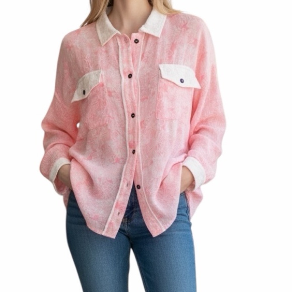 POL Pink/White Floral Print Button-Up Shirt with White Lace Accents S